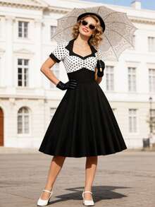 Elegant Heart Neck Polka Dot Short Sleeve A Line Dress For Women Vintage Style Fitted Waist Knee Length Flared Hem - 黑與白 - 查看 2