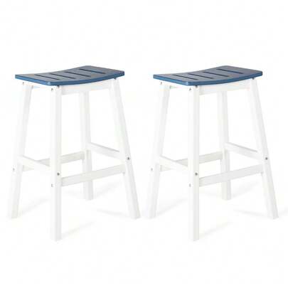 Aoodor 28'' Tall Outdoor Bar Stools Backless Saddle Counter HDPE W/Footrest 2Pcs -- Navy Blue And White