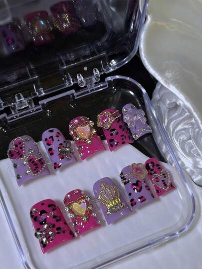 10PCS Handmade Acrylic Nail Art Set,European And American Y2K Style Short Duckbill Nails, French Diamond Inlay, Hand-Painted Love Line Texture, With Star Elements, Love, Bow, Suitable For Parties, Dances, Daily Wear, Men And Women, With A Piece Of Gel And A File, Is A Good Gift Press On Nails Nail Supplies Nails