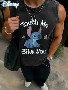 Disney Lilo & Stitch "Touch Me And I Will Bite You" Officially Licensed Men's Sleeveless Graphic Tee, 100% Cotton 230g Washed Vintage Casual Shirt - 黑色 - 查看 3