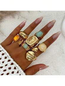 6pcs Vintage Elegant Bohemian Style Women Irregular Pleated Colorful Gemstone, Cat Eye Stone, Sunflower, Heart Shaped Multi-Element Combination Metal Ring Set, Suitable For Women's Daily, Party, Wedding, Holiday, Valentine's Day, Date Wear, Gift (Random Delivery) - 金色 - 查看 1