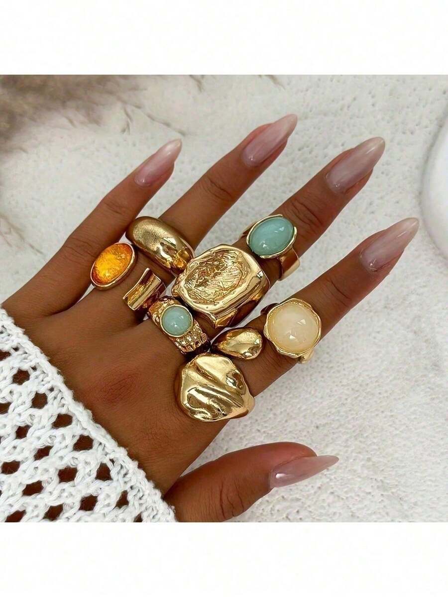 6pcs Vintage Elegant Bohemian Style Women Irregular Pleated Colorful Gemstone, Cat Eye Stone, Sunflower, Heart Shaped Multi-Element Combination Metal Ring Set, Suitable For Women's Daily, Party, Wedding, Holiday, Valentine's Day, Date Wear, Gift (Random Delivery) - 金色 - 查看 1