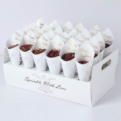 38个/套纸屑盒，婚礼快乐纸屑锥带展示架，撒满爱意纸花瓣锥，适用于婚礼送别、新娘送礼会、仪式退场装饰、户外婚礼干花纸屑礼品包装