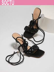 Giày sandal đế xuồng trong suốt buộc dây màu trắng dành cho nữ, giày cao gót hở mũi kiểu La Mã mùa hè. - màu đen - Xem 6