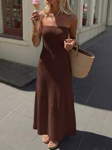 Vestido de playa y fiesta elegante de verano sin tirantes de unicolor y manga larga ajustado para mujeres de vacaciones - PoPoHouse - Marrón - Ver 3