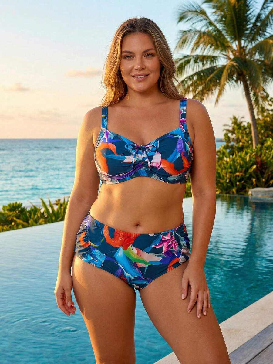Plus Size High Waist Bikini Set For Women, Abstract Print 2 Pieces Swimwear With Adjustable Lace-Up, Tummy Control Full Bust Support Bathing Suit For Beach Holiday - Dark Green - View 1