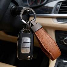 1pc Luxury Metal & Leather Car Key Chain, Minimalist Fashion Small Cowhide Key Ring Accessory Gift - Calfskin Keychain - View 1