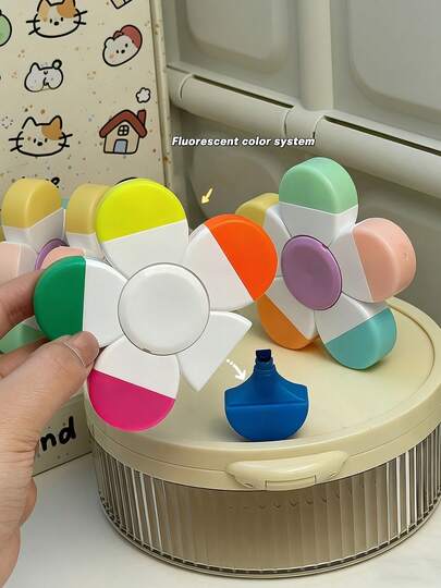 Macaron Series Highlighter Pens, Daisy Flower Shaped + 2-In-1 Highlighter Design, Finger Spinner, Study Marker Pens, Drawing Marker Pens, Note-Taking Marker Pens, Back To School Essential