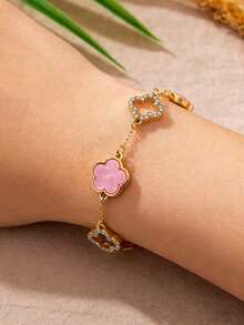 1件 时尚精致奢华亚克力亮粉色镂空四叶草手链（女士款，不含礼盒） - 粉色 - 查看 3
