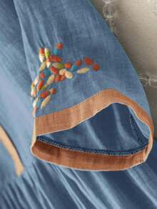 优雅宽松圆领刺绣休闲通勤长裙，乡村/波西米亚风格，女士度假装，商务休闲夏季 - 灰藍色 - 查看 5