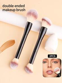 2-In-1 Dual-Ended Makeup Brush Set - Face Powder/Blush Brush + Eyeshadow Brush, Includes Slanted Water Drop Makeup Sponge, Cosmetic Tool Kit - Multicolor - View 1