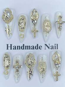 10pcs/Set Summer White Cute Long Stiletto Acrylic Nail Art Stickers Set, With Pearl & 3D Metal Decor, Punk Goth Style, Rhinestone Glitter, Full Cover Handmade Y2K False Nails, Matte Bronze Line Art Nail Kit, Halloween Essentials For Women & Girls Handmade Press On Nails - White - View 2