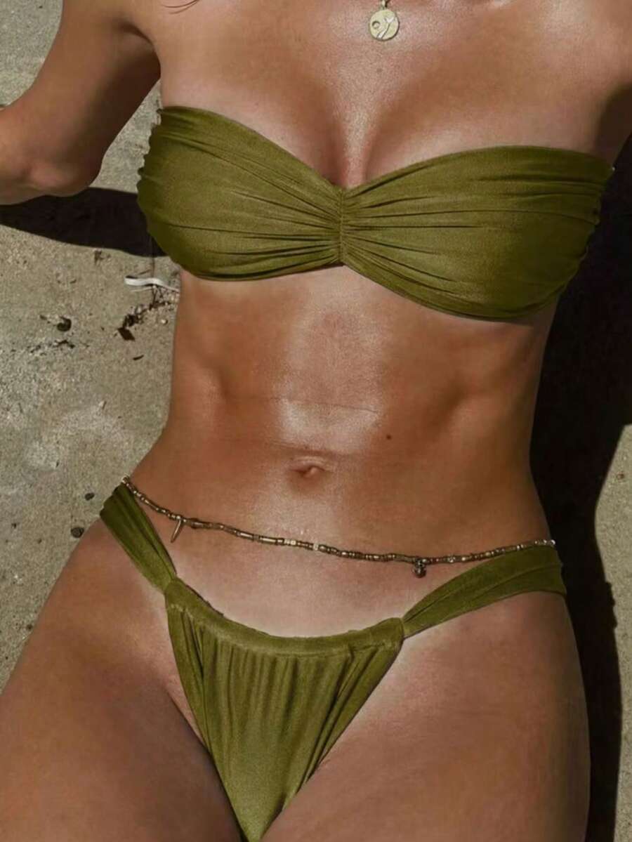 Women's Elegant Backless Ruffle Hem Solid Color Beach 2 Pieces Set, Vacation Summer - Olive Green - View 1