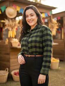 Women's Plaid Flannel Shirt Casual June Party Fashion Overlay Flannel Blouse Autumn Winter - màu xanh lá - Xem 1