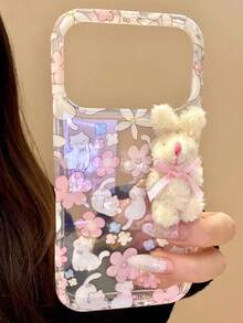 可爱3D毛绒蝴蝶结兔子粉色花朵透明手机壳，兼容 17 Pro Max、17 Pro、17、16 Pro Max、16 Pro、16、15 Pro Max、15 Pro Max、15 Pro、15、14 Pro Max、14 Pro、14、13 Pro Max、13 Pro、13、12 Pro Max、12 Pro、11，时尚可爱卡通软胶防震后盖 - 彩色花朵小貓兔子 - 查看 4