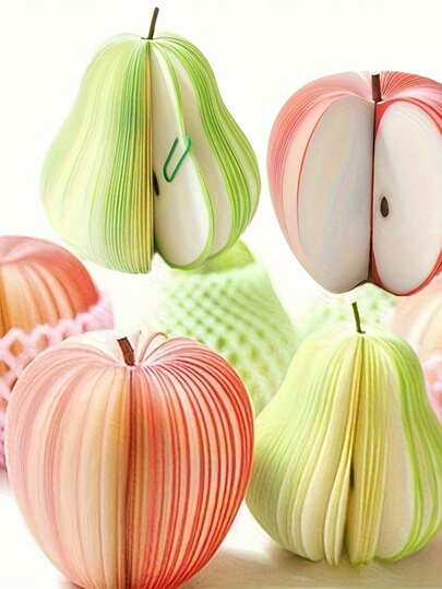 5件套3D蜂窝水果装饰品，造型为3D苹果和梨，适合作为节日、朋友和老师的趣味现代礼物，也可作为便携式备忘录、办公用品和节日礼品。