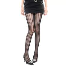 Slimming Striped Pantyhose, Women Fishnet Leggings, Lace Hollow Out Mesh Stockings, High Elasticity Skinny Leggings - Black - View 2