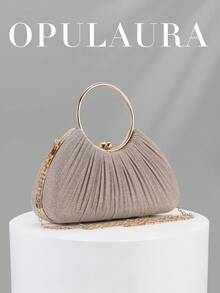 OpulAura 女款金屬質感奢華晚宴手拿包，亮金色線條派對手提包，靜奢風亮片晚宴包，禮服搭配包，適合舞會、派對、婚禮、新娘、伴娘、生日禮服，手持晚宴手拿包 - 金色 - 查看 2