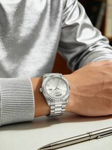 Guess 男士简约时尚商务石英表，不锈钢表带，型号 GW0265G6 - 銀色 - 查看 3