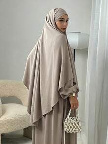 3件組 Khimar+Abaya 柔軟祈禱套裝，長款 Abaya 配對希賈布，休閒外出必備單品（希賈布+洋裝+腰帶） - 彩色 - 查看 4