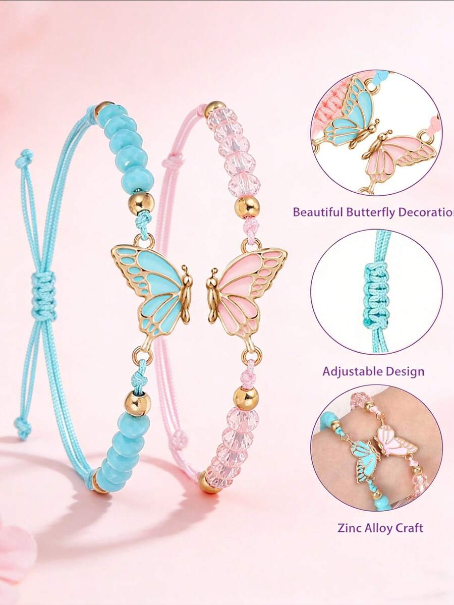 Bộ 2 vòng tay bện bằng hợp kim kẽm mặt hình bướm tinh tế, thời trang dành cho bé gái, thích hợp để chị em gái đeo hàng ngày, quà tặng tình bạn. - Một cỡ - Xem 1