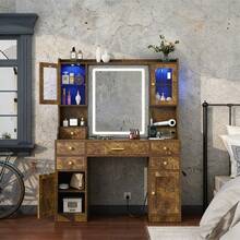 Tocador de Estilo Industrial con Espejo LED | Mueble de Maquillaje con Amplio Almacenamiento y Cajones | Espejo con Luz para Maquillaje | Ideal para Dormitorio | Mueble de Tocador Moderno Edición 2026 - Marrón - Ver 3