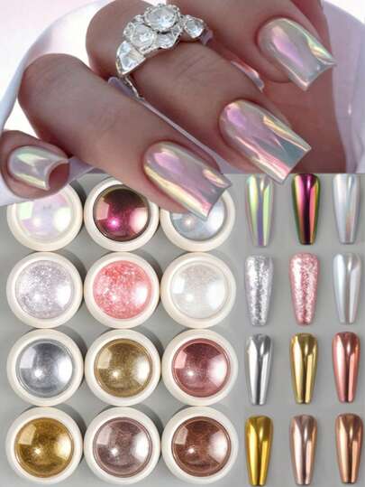 12 Boxes Elegant Nail Powder, White Mirror Neon Aurora Mermaid Effect Glitter, Vintage Gold/Silver Friction Powder, Pink & White Foil, Rainbow Laser Chameleon Powder, Nail Art Decorations