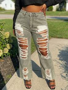 Quần jeans ống đứng rách rách phong cách bạn trai đơn giản, thoải mái cho nữ - xanh quân đội - Xem 1