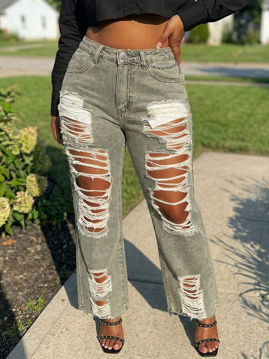 Quần jeans ống đứng rách rách phong cách bạn trai đơn giản, thoải mái cho nữ - xanh quân đội - Xem 1