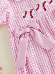Mono de bebé niña a cuadros, bordado estilo béisbol, cuello de muñeca, manga corta, body para bebé con diadema. - Rosa - Ver 8