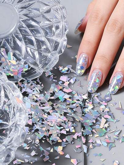 Hạt kim tuyến bạc Aurora Laser cho móng tay, hạt kim tuyến lấp lánh không đều, hạt to, phụ kiện trang trí móng tay, vảy kim tuyến lấp lánh ba chiều, hạt kim tuyến óng ánh cho đồ thủ công mỹ nghệ làm móng (1 túi)