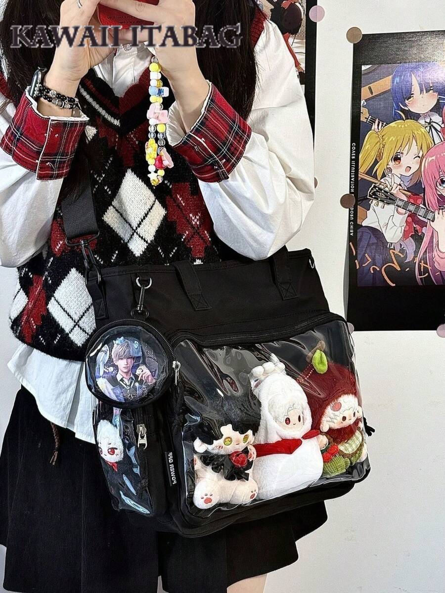 Tas Bahu Nilon Gaya Preppy Jepang Terbaru dengan Dompet Bulat Kecil dan Jendela Transparan, Tas Ita Bag untuk Mahasiswa, Tas Selempang Besar - Hitam - View 1