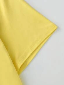 Casual Face Pattern Round Neck T-Shirt, Plus Size Women Top. Suitable For Summer Holiday Outfit, Festival Attire, New Year Gift, Valentine's Day Gift, Mother's Day Gift, Mom Gift, Graduation Short Sleeve Top, Back To School Outfit, Graduation Ceremony, Women Teacher Outfit - Yellow - View 3