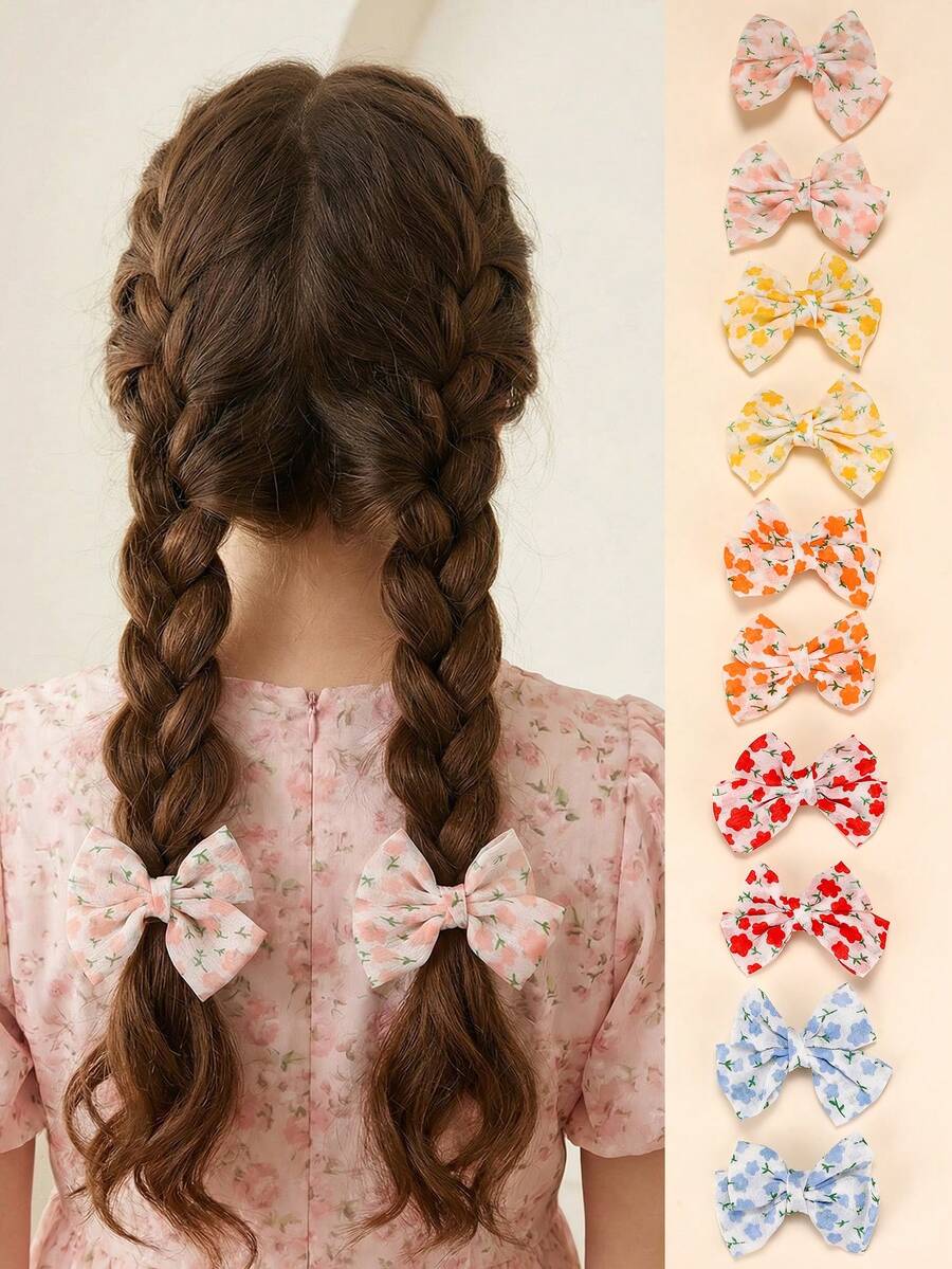 Set de 10 piezas de pinzas para el cabello con flores y lazos de colores, adecuado para decoración diaria - Multicolor - Ver 1