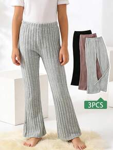 3pcs/Set Tween Girl Solid Color Tight Flared Pants, Autumn/Winter - Multicolor - View 1