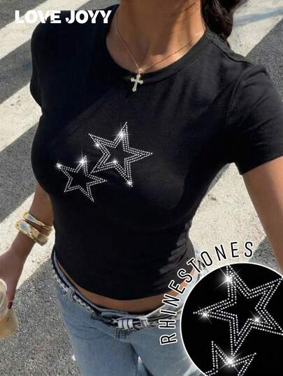 LOVE JOYY 女士新款休闲圆领闪亮水钻星星短袖T恤，适合假日、度假、上学、居家、日常穿着，春夏皆宜