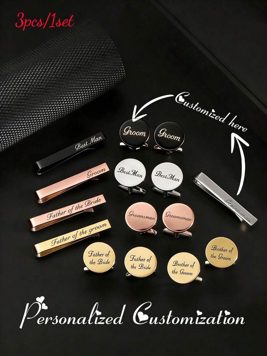 Bộ khuy măng sét và kẹp cà vạt được thiết kế riêng, in tên, dành cho phù rể/chú rể (bao gồm hai khuy măng sét tròn và một kẹp cà vạt), phù hợp với trang phục cưới của nam giới. - Kiểu A - Xem 1