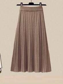 High Waist Knitted Mid-Calf Skirt - Women's Woolen Flared A-Line Sweater Dress, No Tops - Khaki - View 7