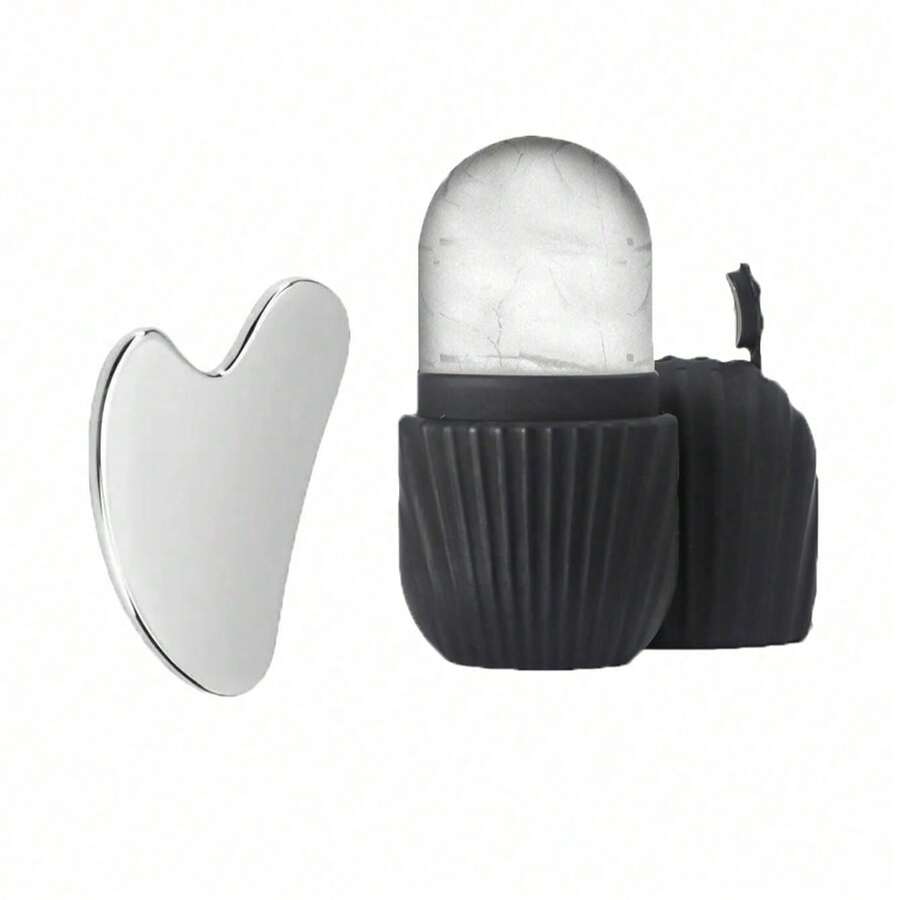 一套冰滚轮+刮痧板——有助于减轻面部和身体浮肿，消除血瘀，促进血液循环，滋养肌肤，减少皱纹，提升肌肤弹性，提亮肤色。冰敷按摩还能缓解身体酸痛和疲劳。适用于居家护肤、SPA、旅行、校园和办公室等多种场合。