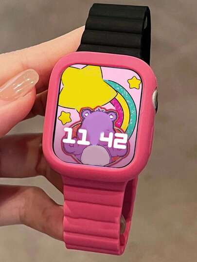 1 Set 2-Color Magnetic Buckle Silicone Watch Band + Case, Suitable For Apple Watch 46mm 38mm 40mm 41mm 42mm 44mm 45mm 49mm, Cute Girl Candy Color Wristband With Protective Case, Compatible With IWatch Series 11 10 9 8 7 6 5 SE Ultra 2