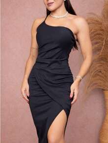 Long Draped Bodycon Dress With Single Straps And Slit - Negro - Ver 6