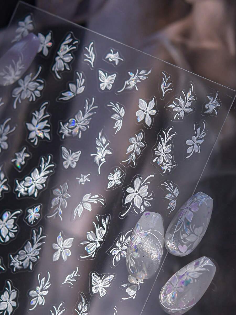1片春夏优雅白色花蝶3D立体浮雕美甲贴纸,美甲师必备,5D立体浮雕技术,简约白色花蝶图案,激光点缀美甲装饰设计,自粘式美甲贴纸,DIY美甲,女士美甲配饰礼品,优雅东方风情美甲装饰贴纸 - 白色 - 查看 1