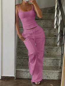 Women's Simple Solid Color Camisole And Drawstring Waist Sweatpants Set Summer - 玫瑰粉 - 查看 2
