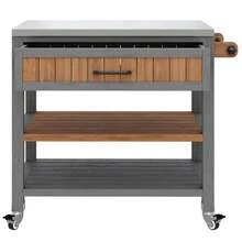 Garden Cabinet With Wheels And Stainless Steel Worktop – Mobile Tool Cabinet With Drawer And Shelf, Weatherproof Sideboard With Double Shelf And Towel Rack, Barbecue Station - Natural Color - View 8