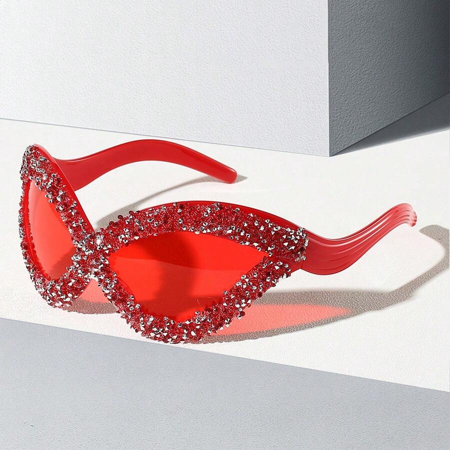 1PC Exaggerated Personality Cat-Eye Glasses Luxurious Rhinestone Women'S  Futuristic Hip-Hop  For Men - 黑色 - 查看 1