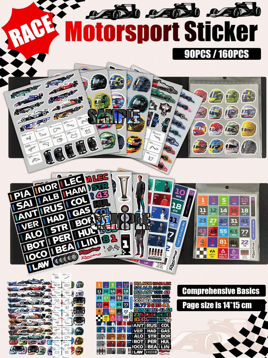 Colección de pegatinas de carreras de F1 - Incluye nombres de pilotos: RUS, ANT, VER, LEC, NOR, PIA, SAI, ALB y números de pilotos. Pegatinas versátiles adecuadas para superficies lisas, cuadernos, diarios y talla grande. Gran regalo para aficionados a las carreras, familia y amigos. - Multicolor - Ver 1