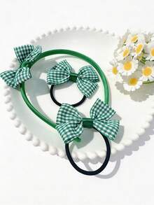 3pcs Girls' Casual Versatile Plaid Bow Hair Scrunchies Set, Suitable For Back To School Season & Daily Use - Green - View 3