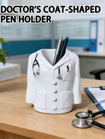 1pc Creative Doctor's Coat Shaped Pen Holder, Medical Theme Desktop Storage Organizer, Home Office Decor Pen Stand Desk Accessory, Unique Stethoscope Design Container For Student Teacher Nurse Gift Idea