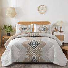 Khaki Brown Boho Reversible Bedspread Set Queen Size (90"X96").3 Pieces Geometric Print Coverlet With 2 Pillowcases, Soft & Lightweight Textured Microfiber Bedding For All Seasons Perfect Mother's Day Gift & Wedding Home Decor. - Khaki - View 16