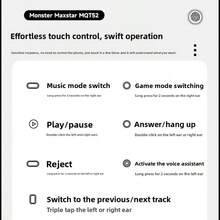Monster Écouteurs sans fil MQT52, Bluetooth 5.4, conception intra-auriculaire, longue durée de vie de la batterie, latence de jeu ultra-faible d'environ 0,08 s, mode double pour le jeu et la musique, son stéréo Hi-Fi, écouteurs antibruit, haut-parleur de 13 mm, indice de protection IPX4, convient pour le jeu, les sports, les affaires, les études et d'autres scénarios. - Voir 9